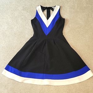 H&M Black, Blue, and White Striped Cocktail Dress w/ Hidden Pockets
